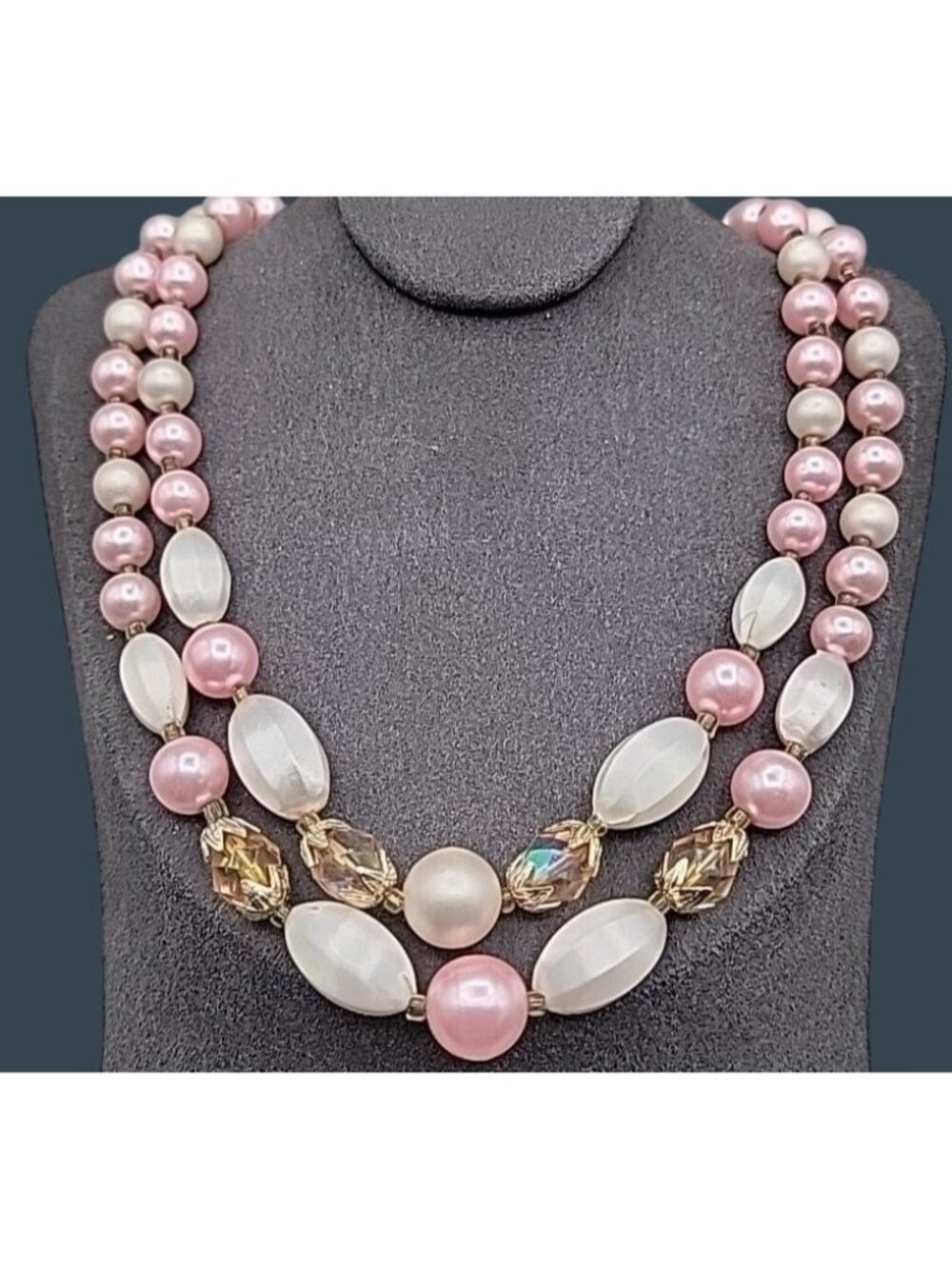 Vintage Japan Signed Double Strand Pink White Choker Necklace 16" AB Accented